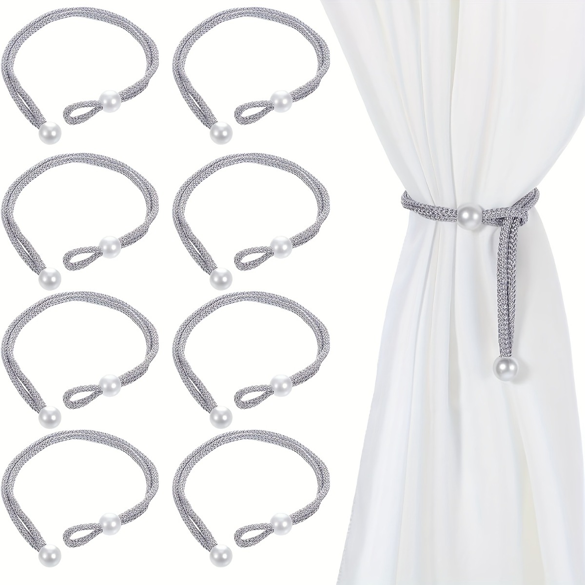 Home Decor Curtain - 8Pcs Elegant Gray Pearl Clasp Adjustable